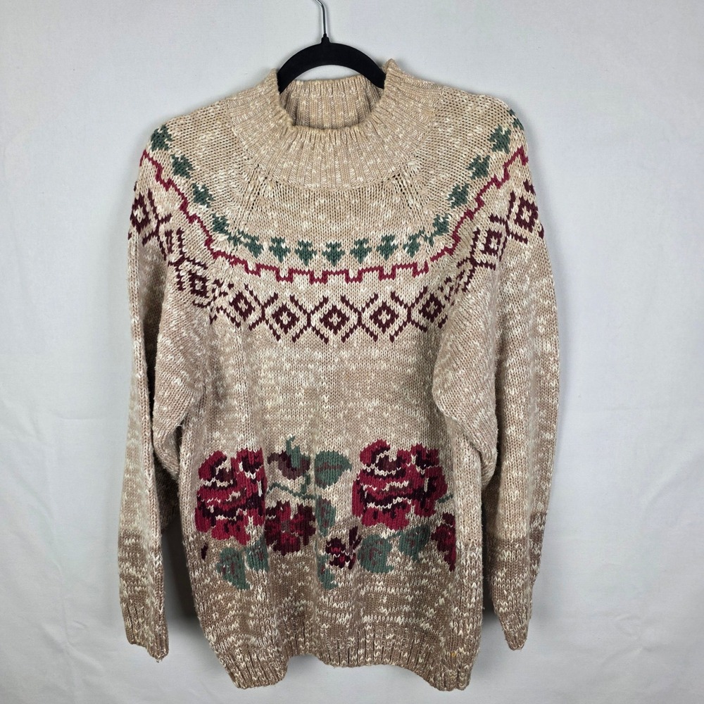 Vintage 1992 Eddie Bauer Floral Fair Isle Cotton Knit Sweater‎ Tan Burgundy M